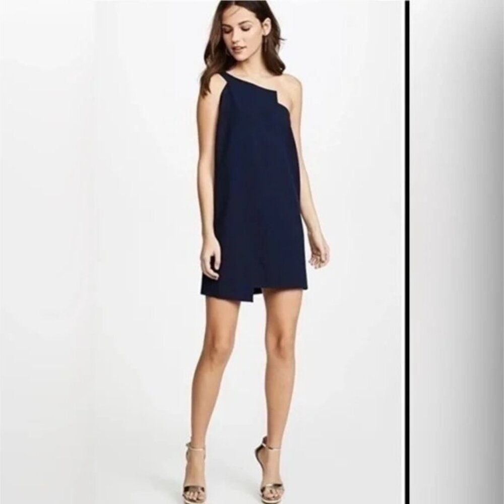 Michelle Mason One Shoulder Asymmetrical Dress- Navy